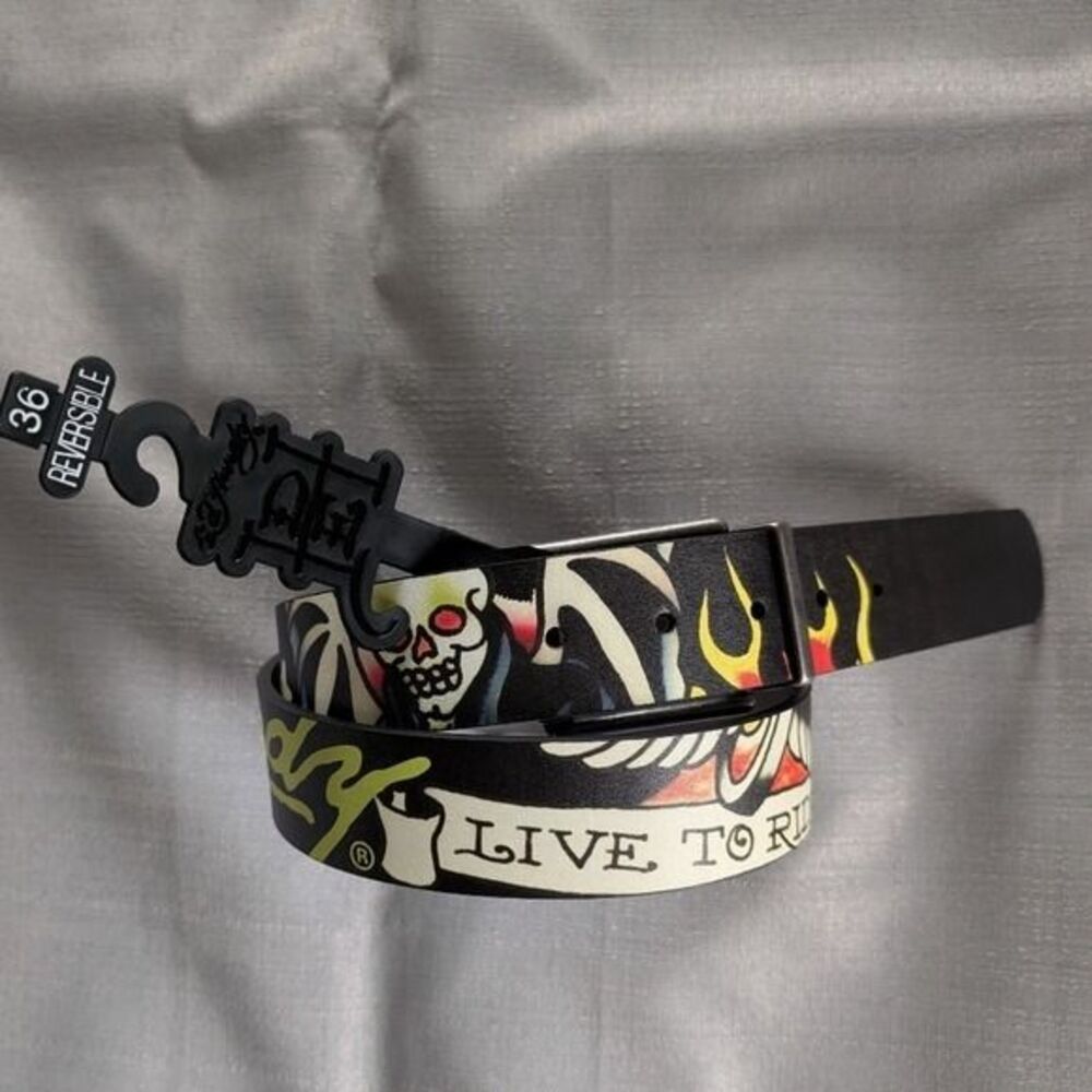Ed Hardy Live to Ride Tattoo Print Reversible Belt Men's Size 36 NEW!